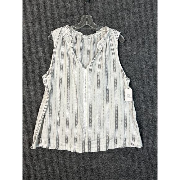 Time and Tru Tops - Time and Tru White and Navy Vertical Stripe Ruffle V-Neck Sleeveless Top